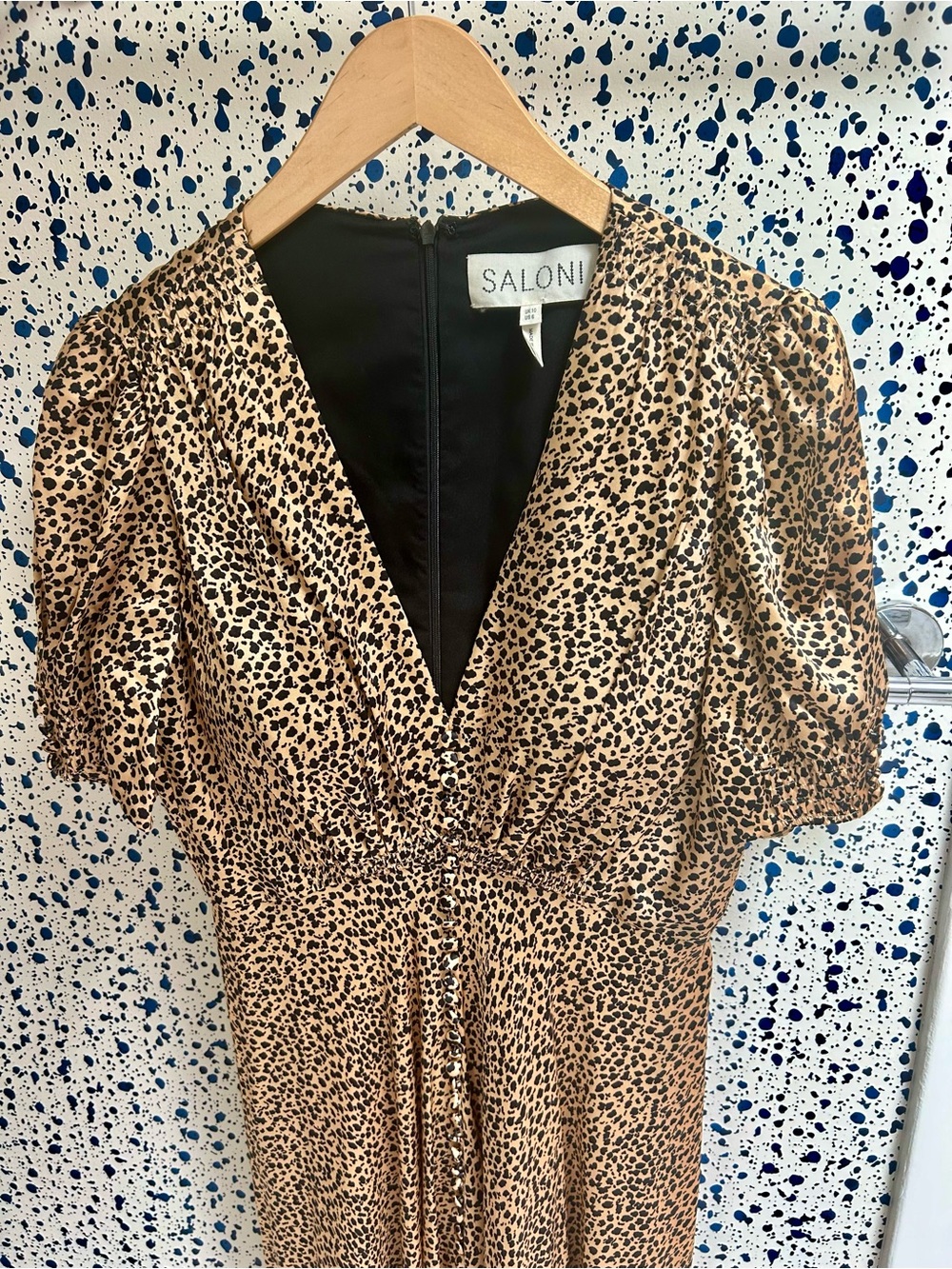 Saloni Silk Leopard Print V-Neck Dress, US 6